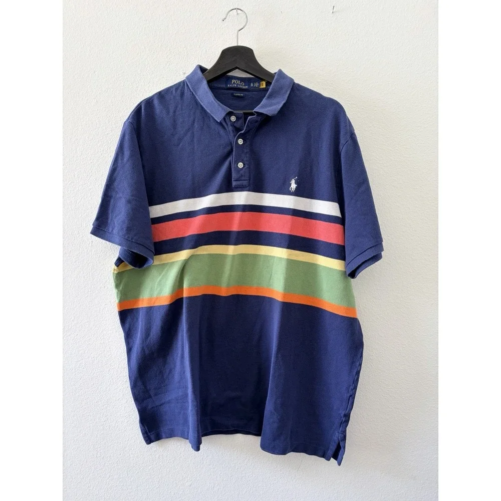 Polo Ralph Lauren Men Blue Polo Shirt XL Classic Fit Striped Short Sleeve Cotton